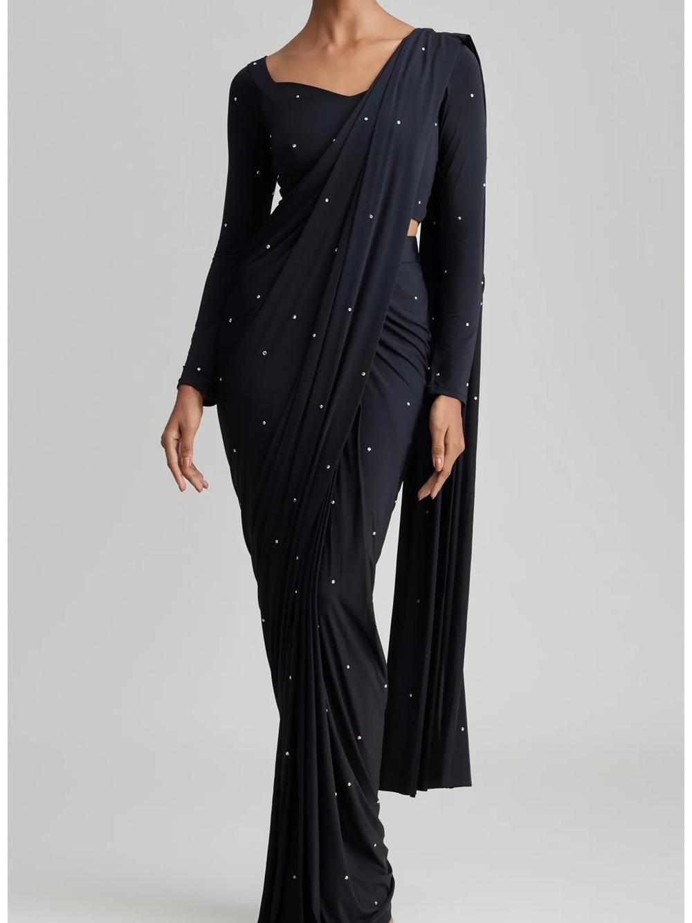 Black Long-Sleeve Pre-Stitched Saree with Subtle Embellishments - brand new